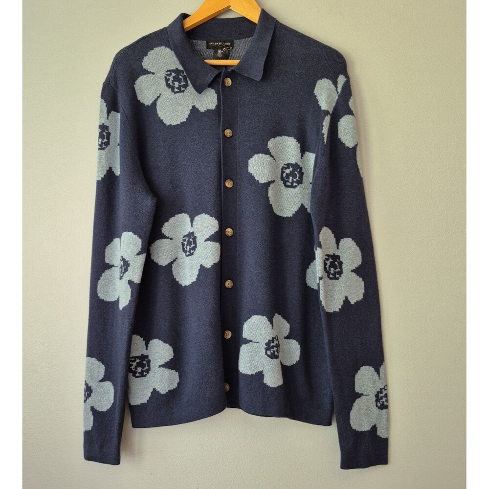 The Art of Rhetoric Blue Floral Motifs Button Up Knit Cardigan Sweater Mens LRG